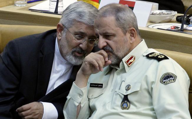 Iran's envoy to the IAEA Ali Asghar Soltanieh (left) with Iran's police chief Esmail Ahmadi Moghaddam at the Non-Aligned Movement summit in Tehran. Photo: AP