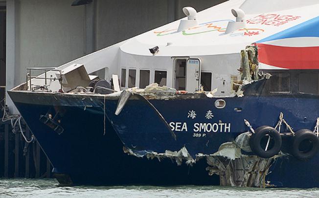 The bow was chewed up and chunks missing in the ferry involved, the Sea Smooth. Photo: AFP