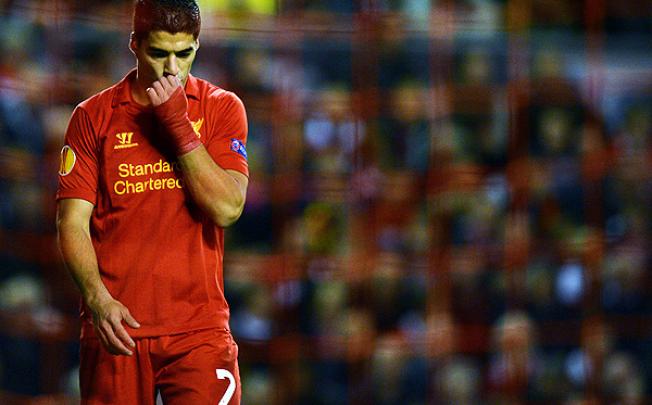 Liverpool's Luis Suárez reacts after losing to Udinese at Anfield. Photo: AFP 