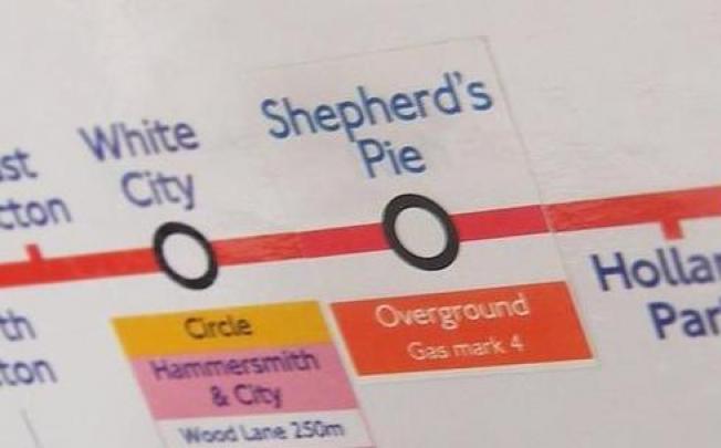 Shepherd's Bush became Shepherd's Pie after pranksters placed a sticker over the destination. Photo: Facebook