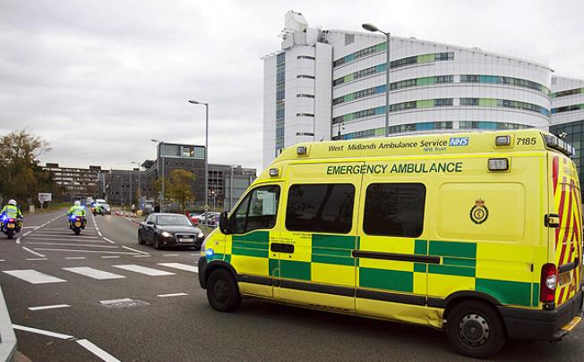 An ambulance carrying Malala Yusufza arrives at the Queen Elizabeth Hospital in Birmingham on Tuesday. Photo: EPA