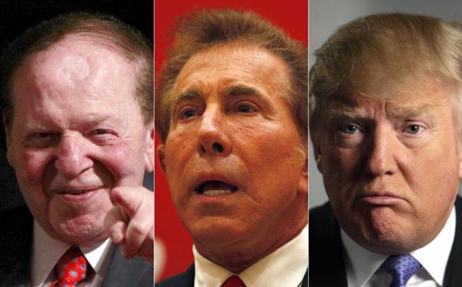 Casino and entertainment tycoons (from left) Sheldon Adelson, Steve Wynn and Donald Trump are behind Mitt Romney. Photos: Reuters, AP