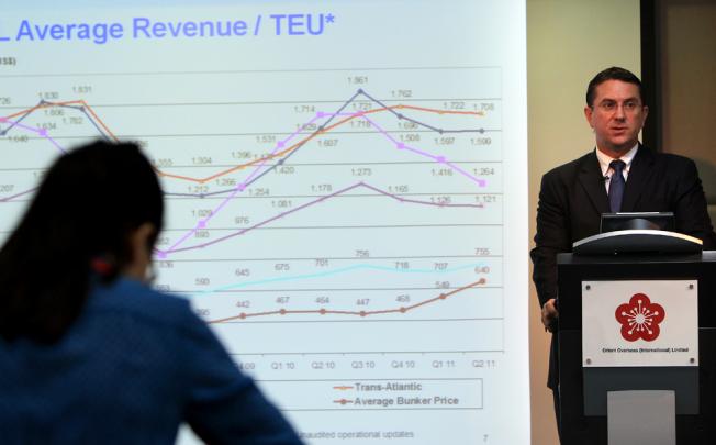 Orient Overseas (International) Limited's Director and Chief Financial Officer Ken Cambie speaks to the media at the company's interim results announcement. Photo: Jonathan Wong