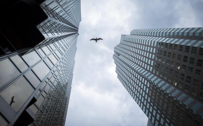 A bird navigates between two high-rise buildings in the financial district of Toronto. Photo: The New York Times