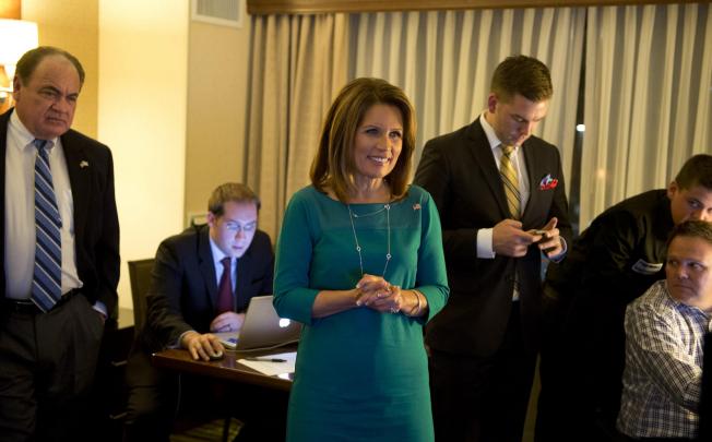 Bachmann watches election results at a hotel. Photo: MCT