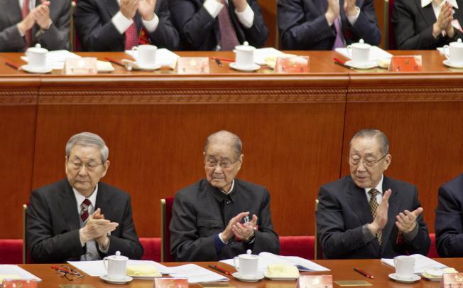 Former Chinese leaders Zhu Rongji, Song Ping and Li Lanqing at the opening of the 18th Communist Party Congress. Photo: Simon Song