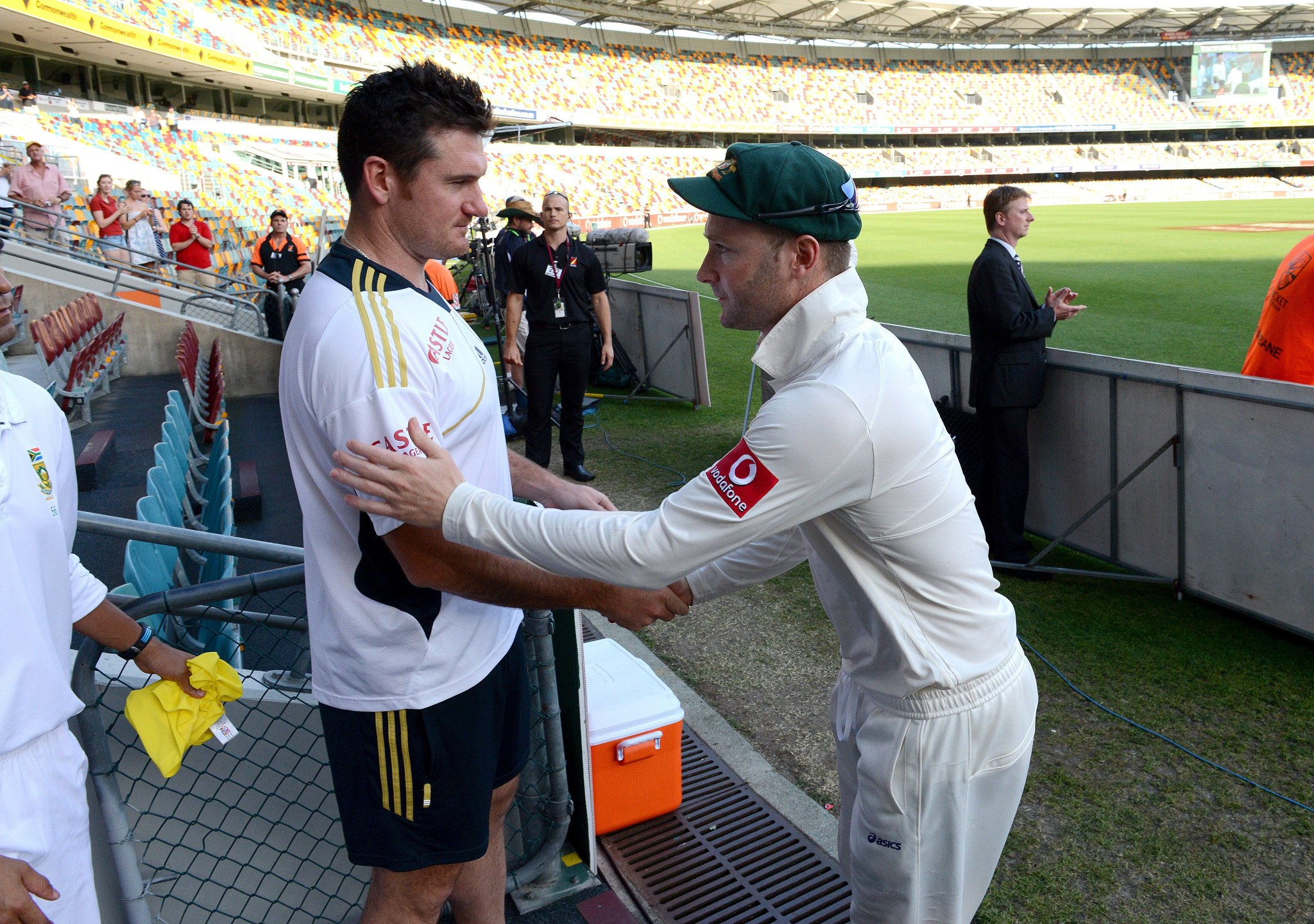 South Africa captain Graeme Smith (left) and Australia captain Michael Clarke shake hands at the end of the first test at the Gabba in Brisbane on Tuesday. Photo: EPA