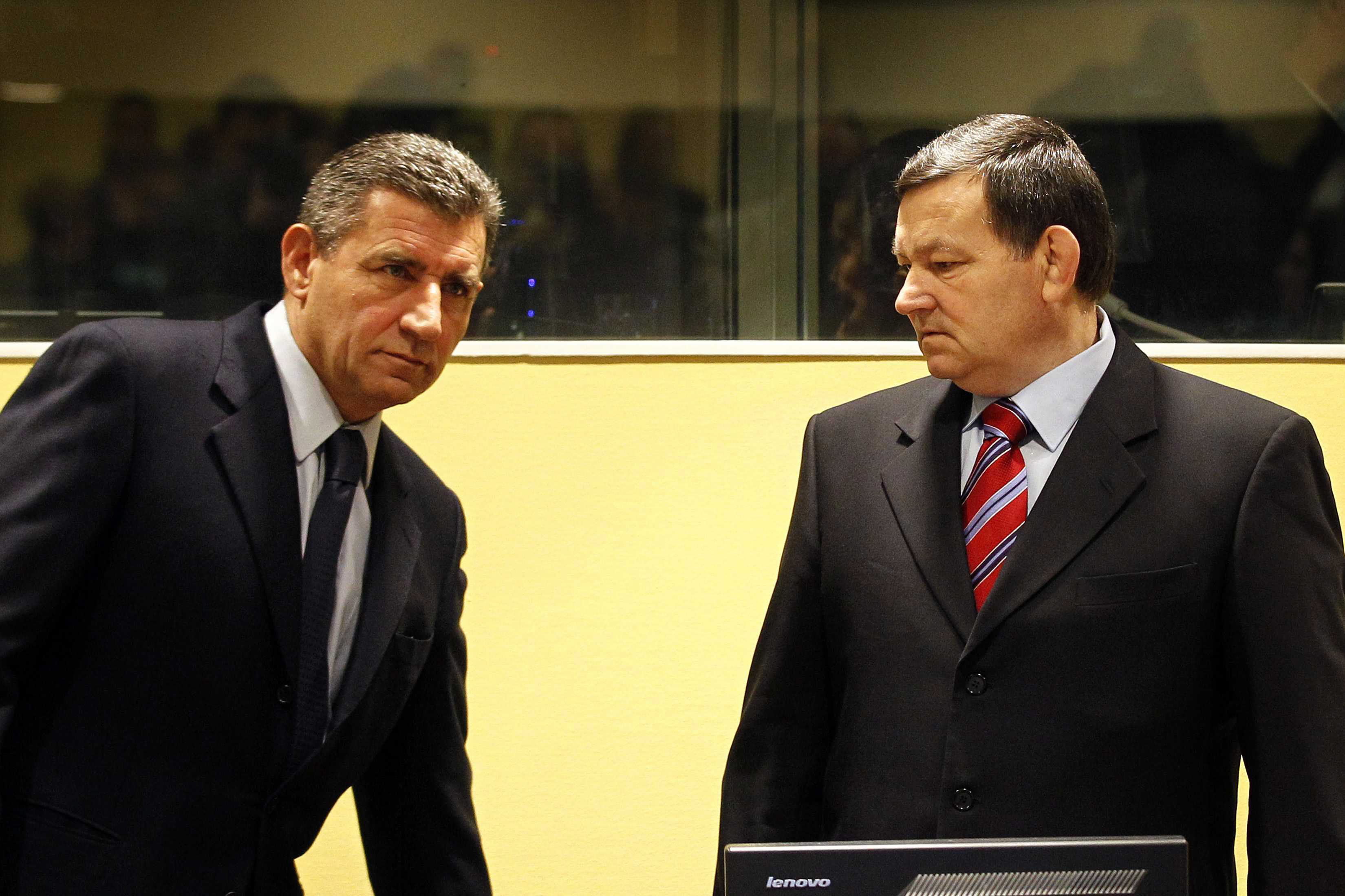 Former Croatian generals Ante Gotovina (left) and Mladen Markac at the UN Yugoslav war crimes court in The Hague, Netherlands, on Friday. Photo: EPA