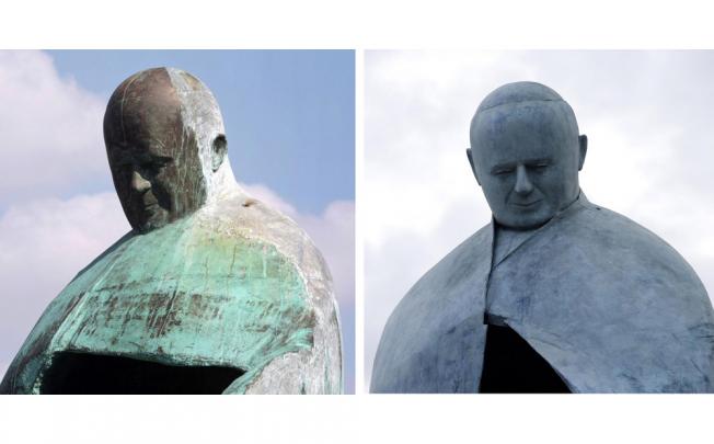 Oliviero Rainaldi's statue of Pope John Paul II before (left) and after. Photo: AP