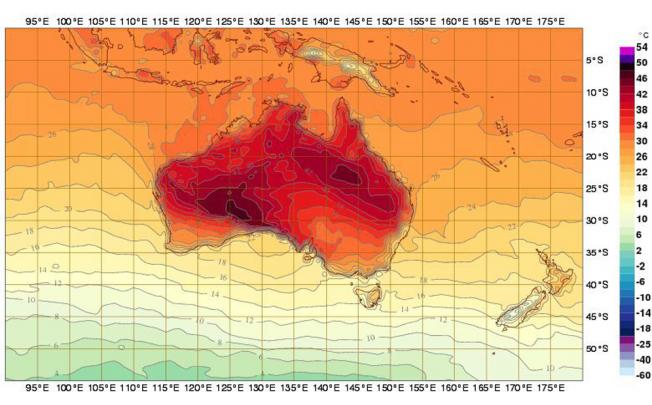 The Bureau of Meteorology added new colours, deep purple and pink, extending its temperature scale from 50 degrees to 54 degrees celsius to reflect the ever-incresing intensity of heat in Australia. Photo: EPA