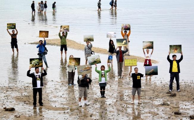 Members of green group 'Save Lung Mei' protest against the government's proposal to build an artificial beach at Lung Mei. Photo: Dickson Lee