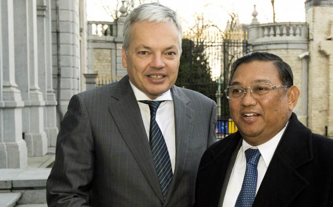 Belgian Vice-Prime minister Didier Reynders (left) meets Myanmar Foreign minister U Wunna Maung Lwin prior to a meeting at the Palais Egmont in Brussels. Photo: AFP