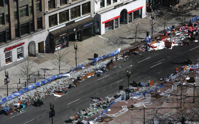 The abandoned Boston Marathon water station near the site of two bomb explosions. Photo: NYT