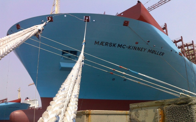 The Maersk Mc-Kinney Moller, the world's biggest container ship, is capable of carrying 111 million pairs of sports shoes. Photo: Keith Wallis