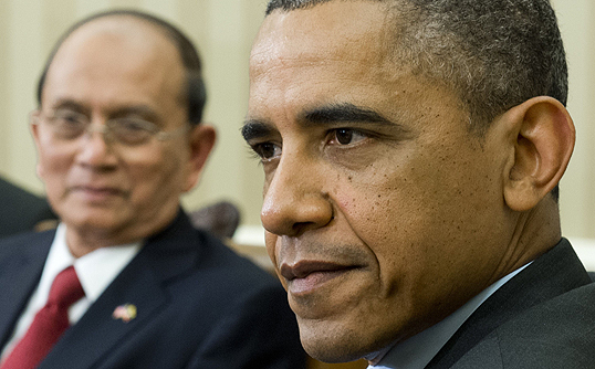 US President Barack Obama expressed to Myanmar counterpart Thein Sein (left) “deep concern” on the plight of Rohingya Muslim minority. Photo: AFP