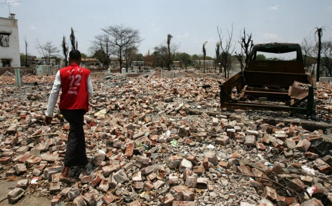 Only rubble remains where a building stood before sectarian violence in Meikhtila, a town once home to a thriving Muslim community in central Myanmar. Photo: AP
