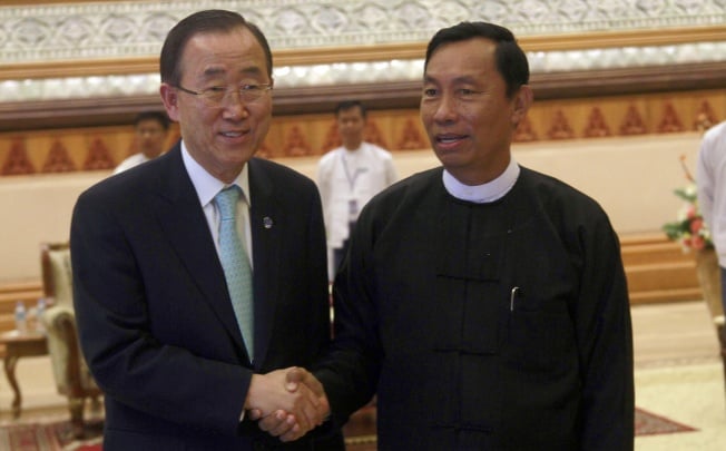 Shwe Mann, right, meets  UN Secretary-General Ban Ki-moon in Naypyitaw, in April 2012. Photo: Associated Press