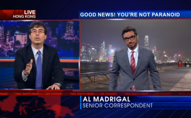 Hong Kong's skyline appears on satirical comedy programme The Daily Show as it presents a segment about the Snowden case. Photo: Screenshot via The Daily Show