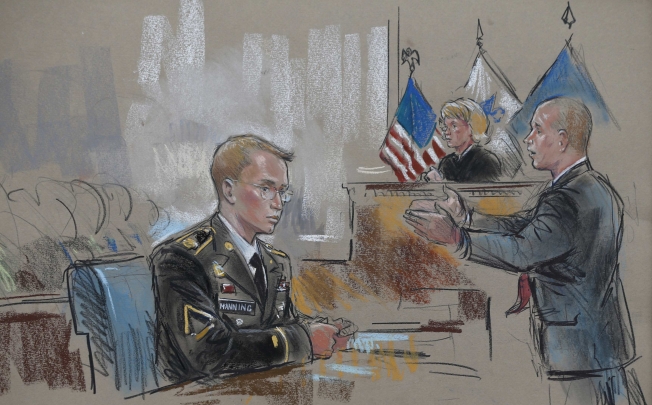 A courtroom sketch depicts Private First Class Bradley Manning and his attorney David Coombs during the first day of Manning's trial at Fort Meade in Maryland. Photo: Reuters