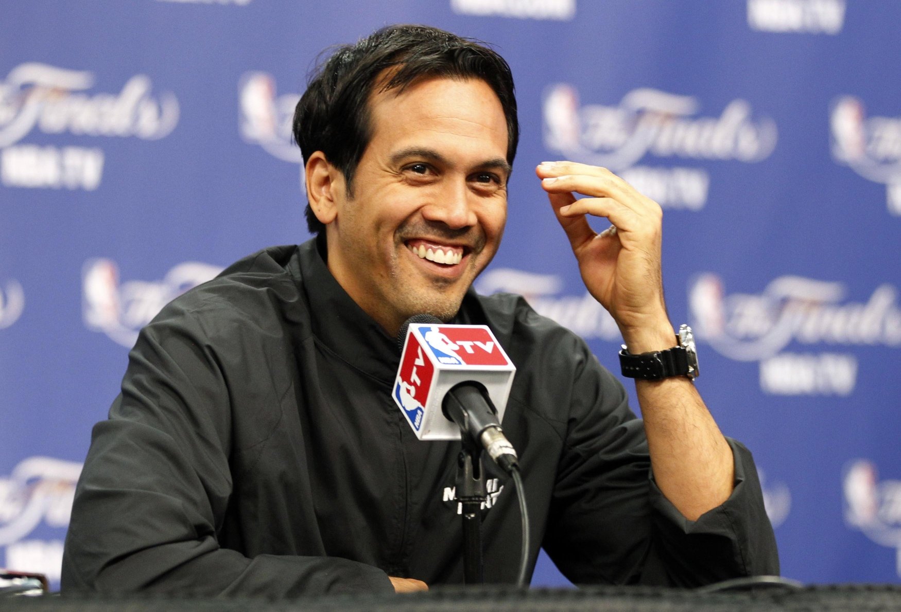 Miami Heat head coach Erik Spoelstra responds to a question during a news conference for the NBA Finals basketball playoff series in San Antonio, Texas. Photo: Reuters