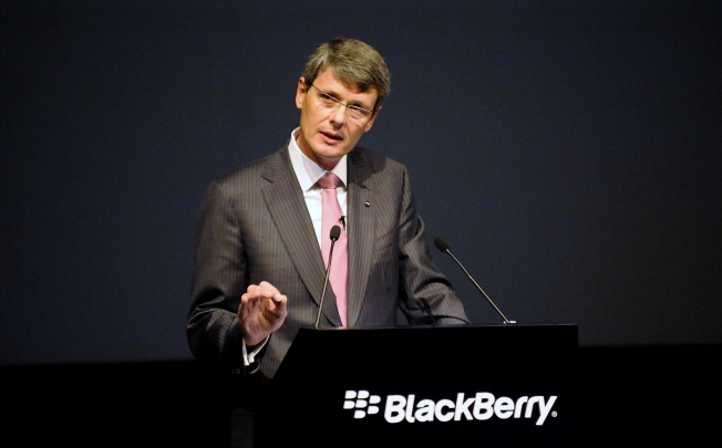 BlackBerry Chief Executive Thorsten Heins talks to shareholders at the company’s annual meeting this week. Photo: Reuters