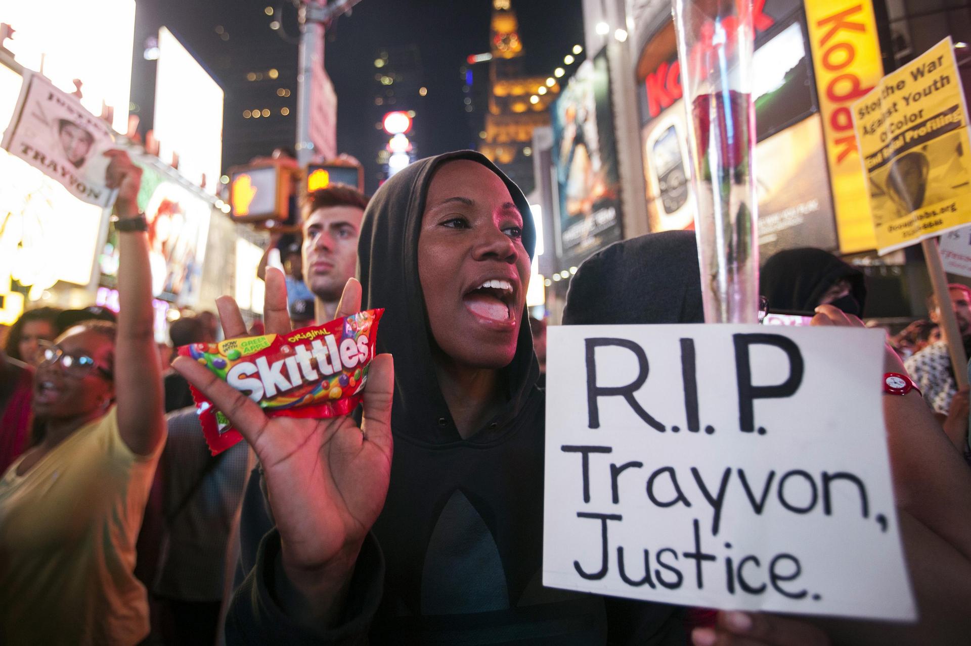 Keisha Martin-Hall holds a bag of Skittles as she protests in New York on Sunday against Zimmerman's acquittal.Photo: Reuters