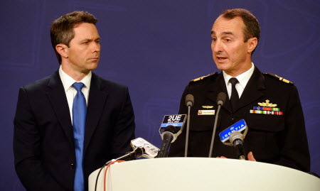 Commander of Border Protection Command, Rear Admiral David Johnston, Royal Australian Navy (right) and Home Affairs Minister Jason Clare, speak to the media during a press conference in Sydney on Wednesday. Photo: AFP