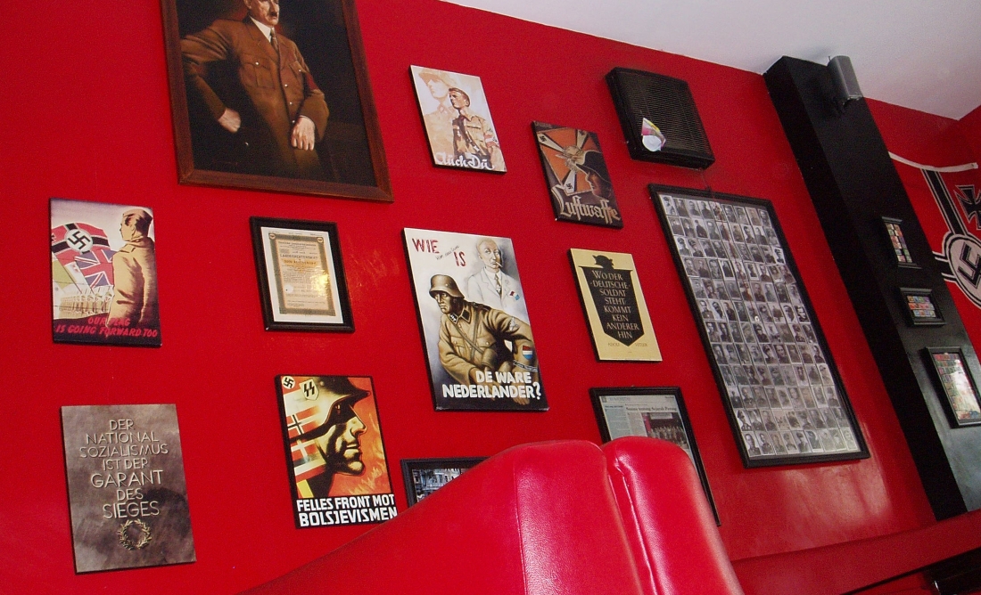 Nazi-related memorabilia hanging on a wall at Soldatenkaffe restaurant in Bandung, West Java, Indonesia. Photo: AP