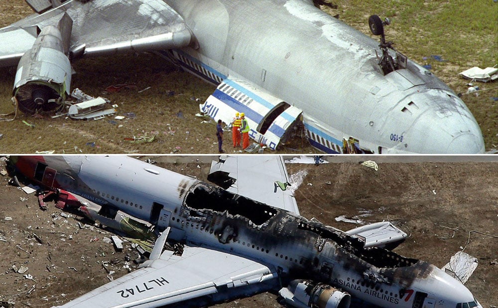 The wreckage of the Asiana Airlines passenger aircraft (bottom) is a spitting image of the China Airlines plane (top), both having crashed while landing, Dave Bennett says. Photos: Jonathon Wong, AFP