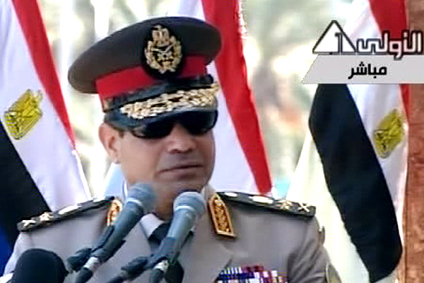 Defence Minister General Abdel-Fattah el-Sisi calls on Egyptians to hold mass demonstrations to voice their support for the militaryin a live broadcast from Alexandria on Wednesyda. Photo: AP