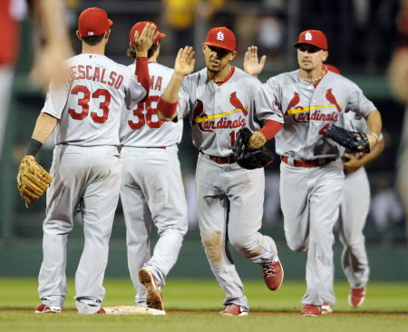 St Louis Cardinals celebrate their 13-0 victory over the Pittsburgh Pirates in their National League MLB baseball game in Pittsburgh in Pennsylvania. Photo: Reuters 