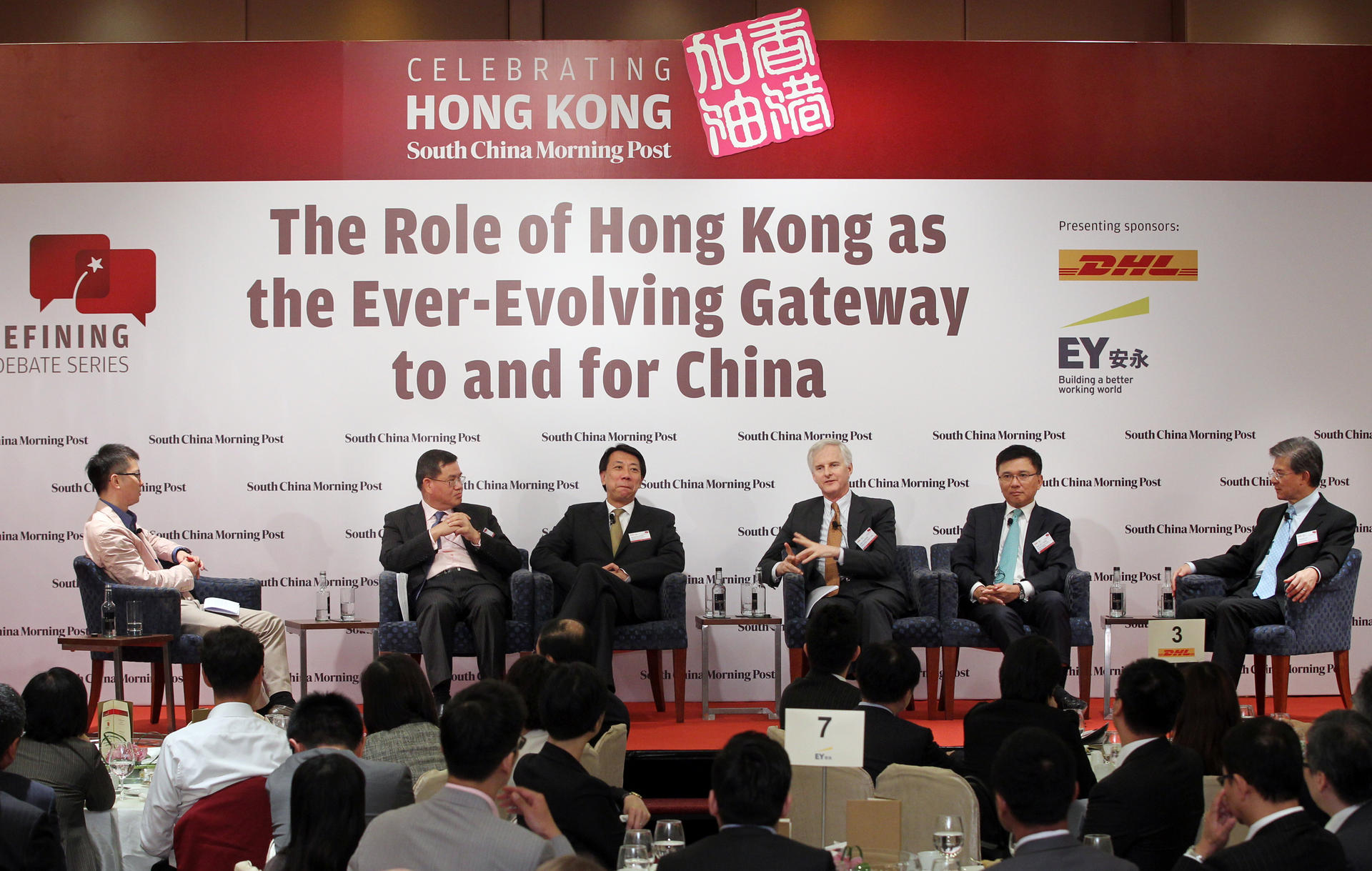George Chen of the South China Morning Post chairs the debate on the future of Hong Kong featuring (from left) Albert Ng, Benjamin Hung, John Slosar, Chan Ka-keung and Vincent Lo. Photo: K.Y. Cheng