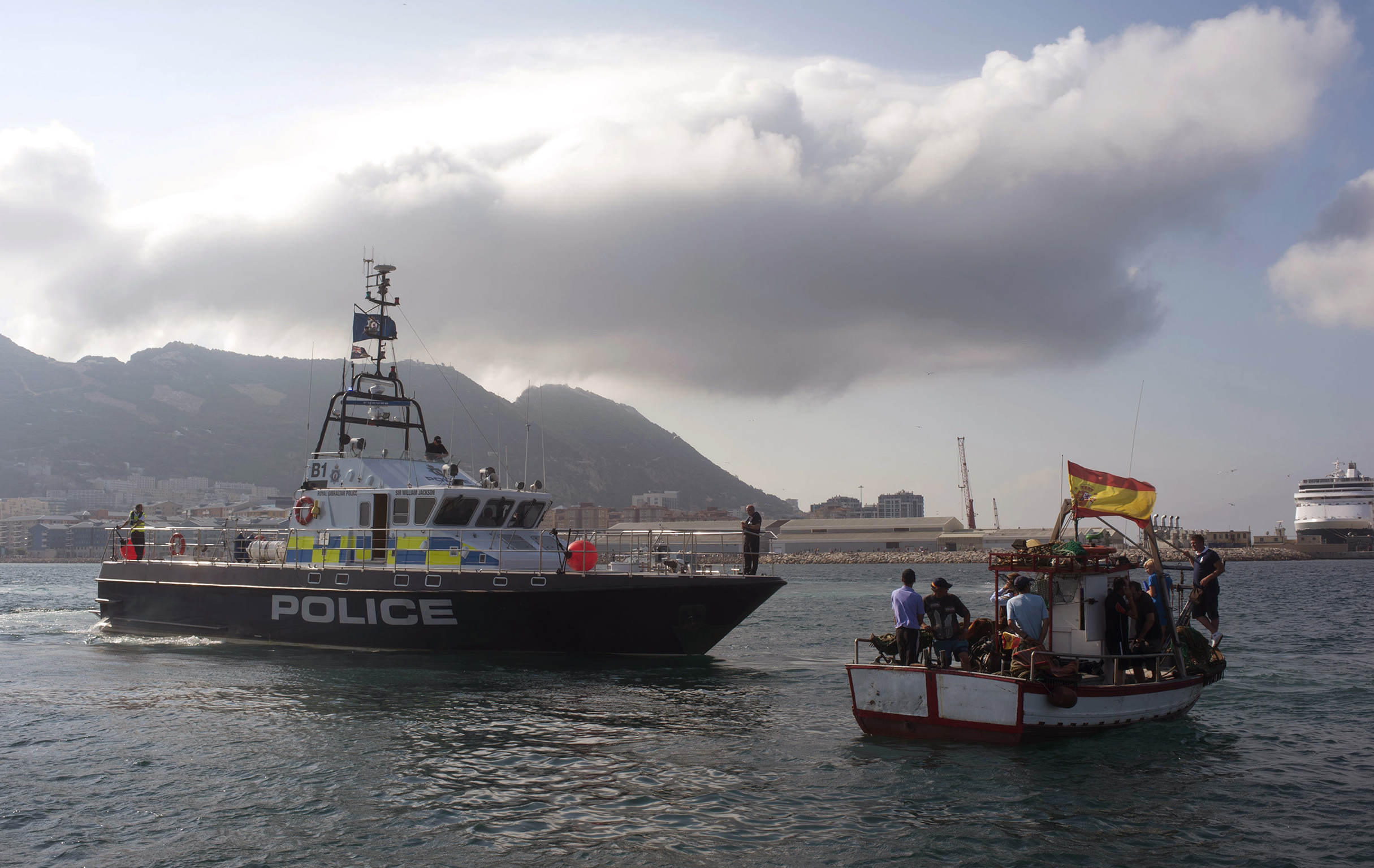 A British patrol boat blocks access as fishermen protest near to La Linea de la Concepcion in front of Gibraltar. Photo: AP