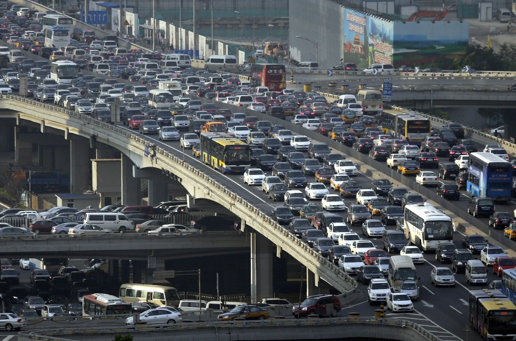 Lines of cars are pictured during a rush hour traffic jam on Guomao Bridge in Beijing. Photo: Reuters 