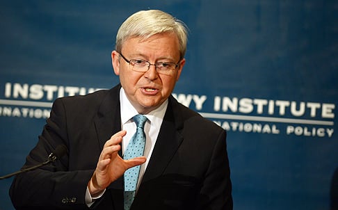 Australian Prime Minister Kevin Rudd delivers an address on global and regional economic and security challenges facing Australia, at the Lowy Institute for International Policy in Sydney on Tuesday. Photo: AFP 