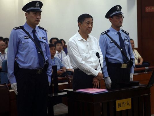 Disgraced Chinese politician Bo Xilai stands trial inside the court in Jinan, Shandong province last week. Photo: Reuters