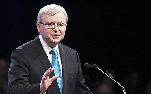 Australian Prime Minister Kevin Rudd speaks during the Australian Labor Party's campaign launch in Brisbane, Australia. Rudd has mounted a spirited defence of same-sex marriage only days before Australian elections. Photo: AP
