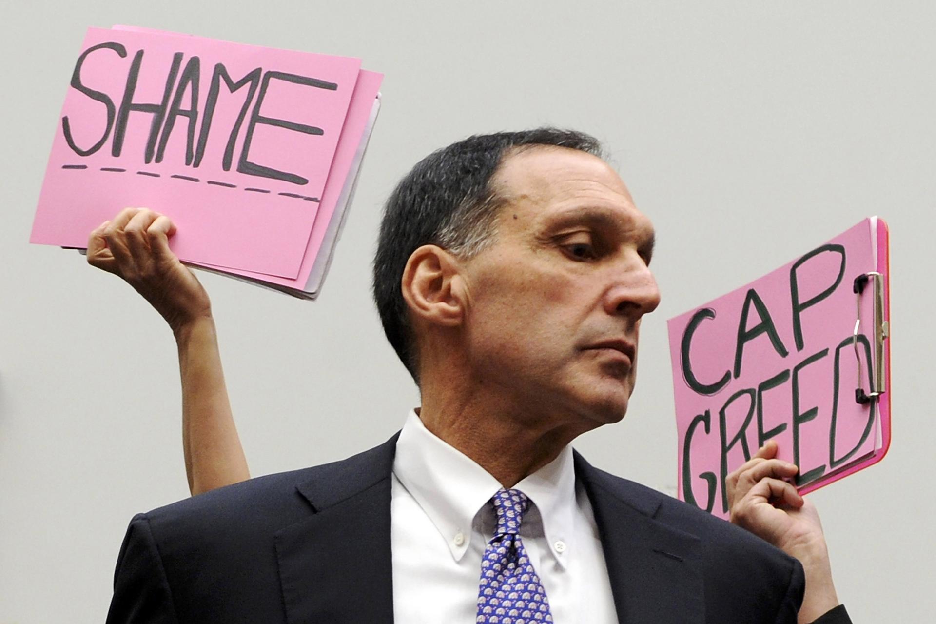 Richard Fuld, Lehman's chief executive, faced protests when he testified to Congress in 2008. Neither Fuld nor any other senior executive from a Wall Street bank has faced criminal charges resulting from the crisis. Photo: Reuters