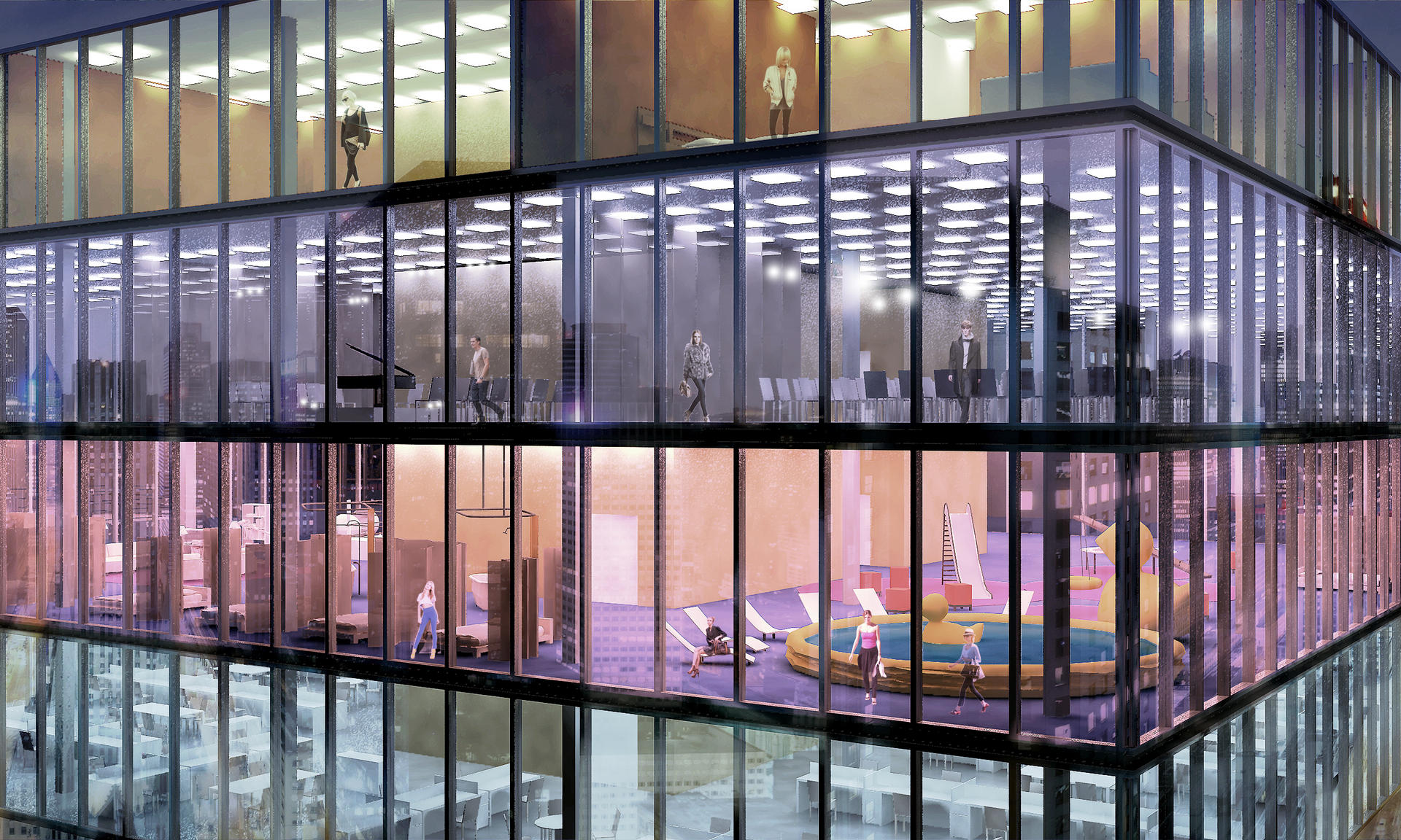How a pop-up hotel in a city office block might look, with floors for different purposes. Photo: PinkCloud.dk