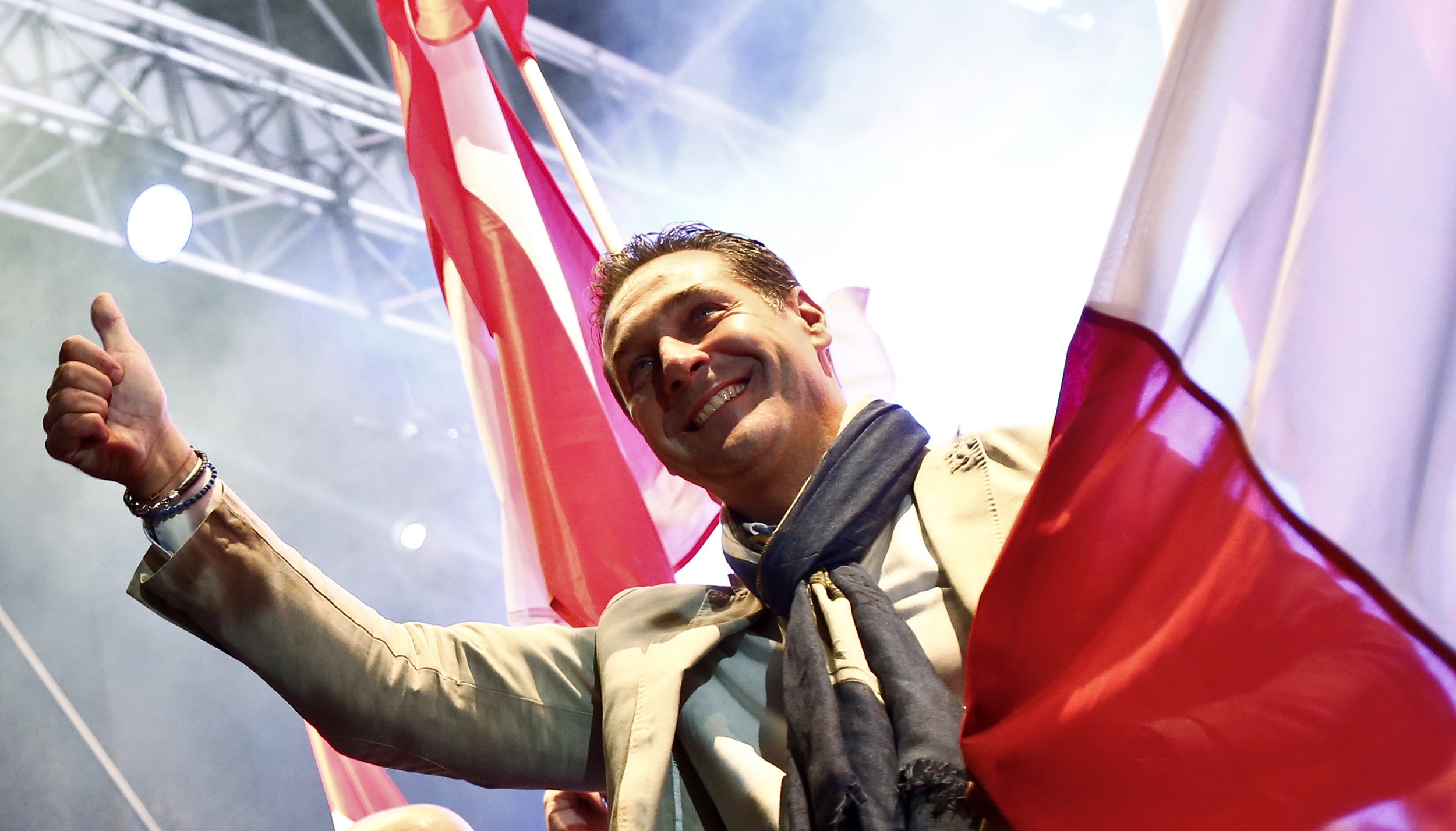 Head of Austrian Freedom Party Strache gestures during the final election rally in Vienna. Photo: AFP