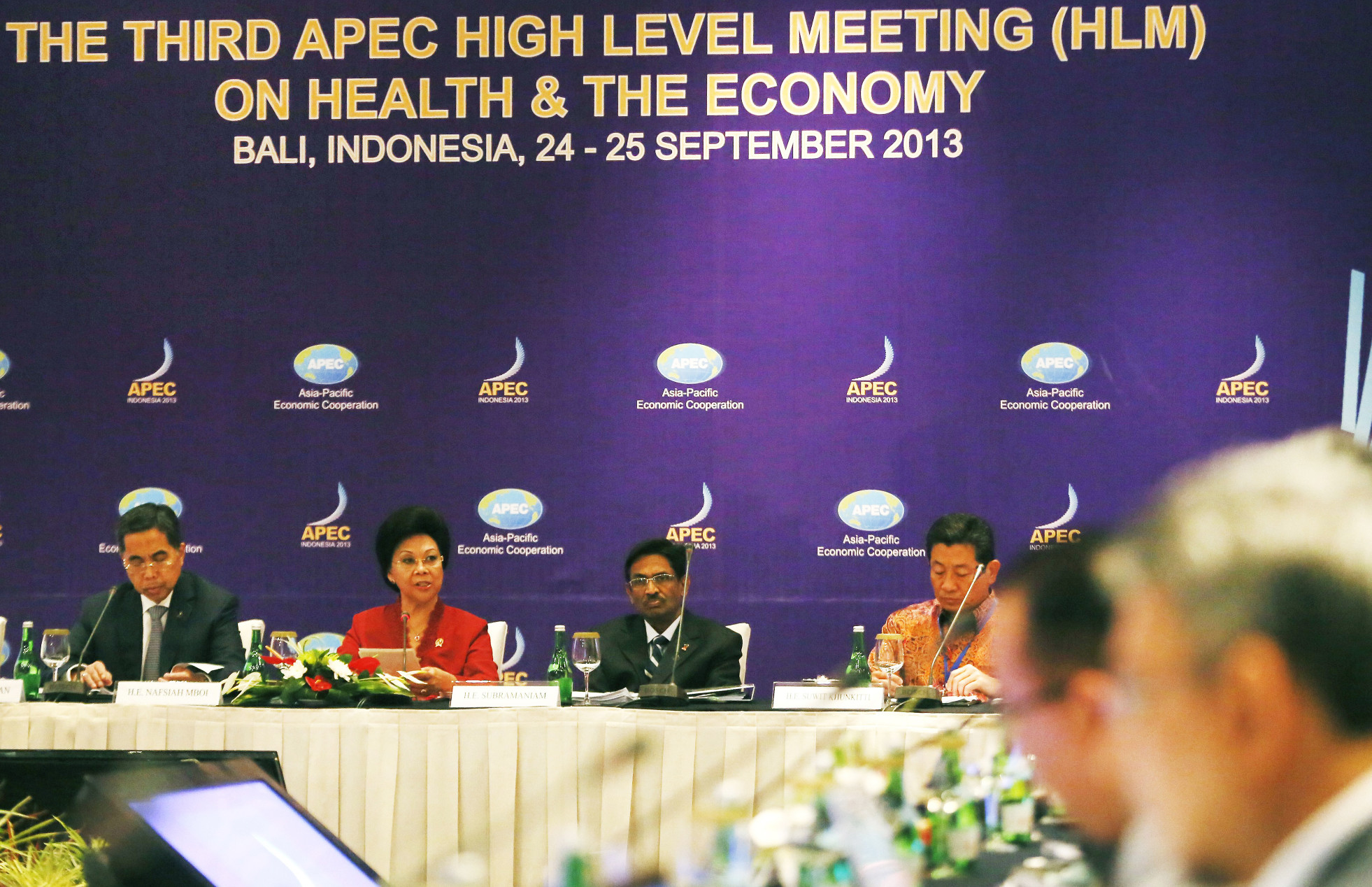 Indonesia Health Minister Nafsiah Mboi (second left) delivers a speech at the opening of the Apec High Level Meeting on Health and The Economy in Nusadua, Bali. Photo: EPA