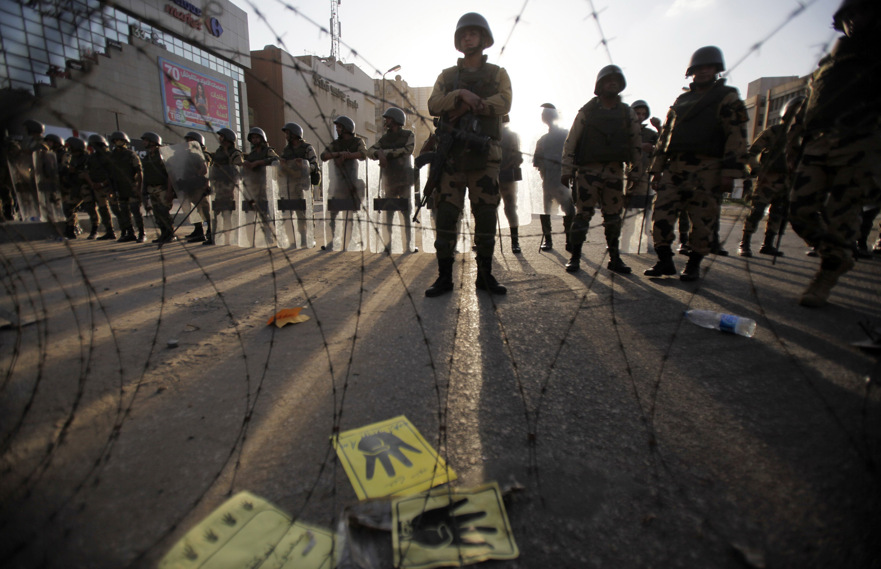 Egyptian soldiers stand guard in Cairo during a protest by members of the Muslim Brotherhood and supporters of ousted Egyptian President Mohamed Mursi on Friday. Photo: Reuters