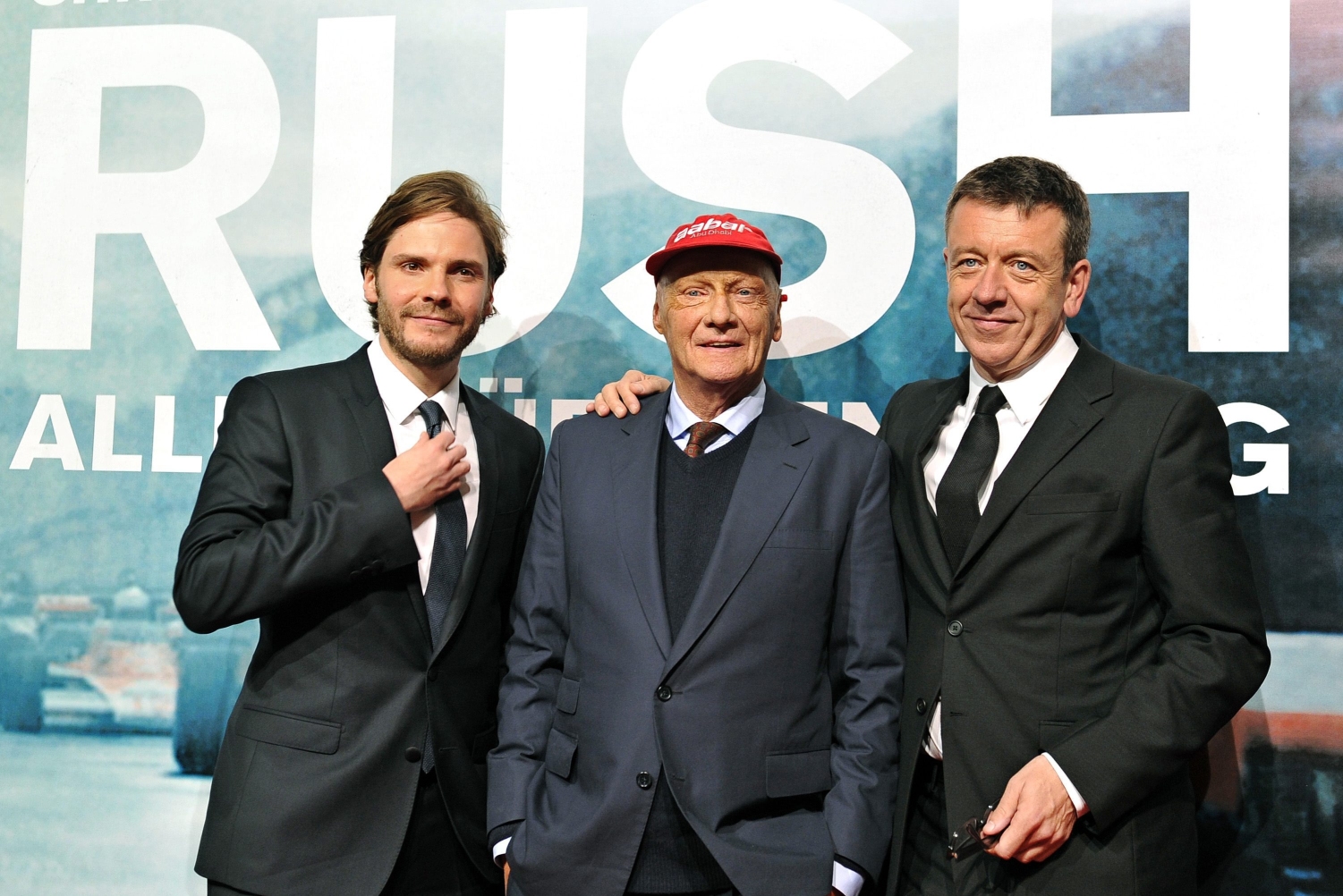 German actor Daniel Bruehl, Niki Lauda and British screenwriter Peter Morgan at the recent premiere of Rush at the Gartenbau Theatre in Vienna in Austria. Photo: EPA