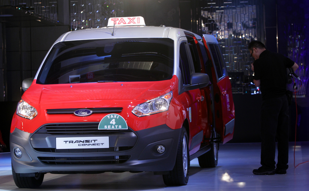 A Ford Transit Connect Taxi which is powered by LPG is displayed during a press conference in West Kowloon. Photo: David Wong