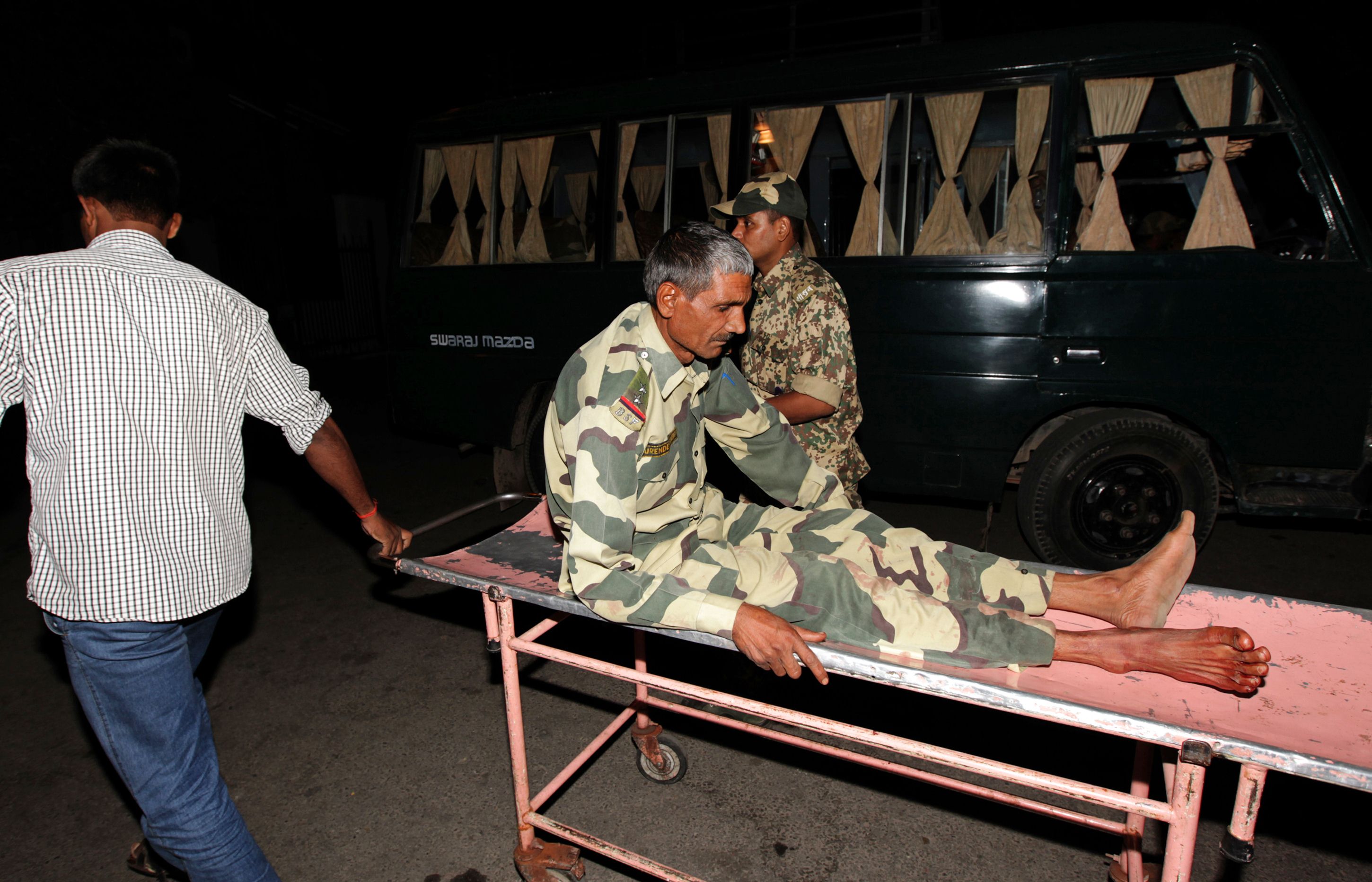 An Indian Border Security Force soldier, wounded at the India-Pakistan border. Photo: AFP