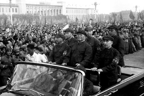 Mao Zedong and Lin Biao (right) inspect guards in Tiananmen Square. Cultural Revolution. Photo: Xinhua