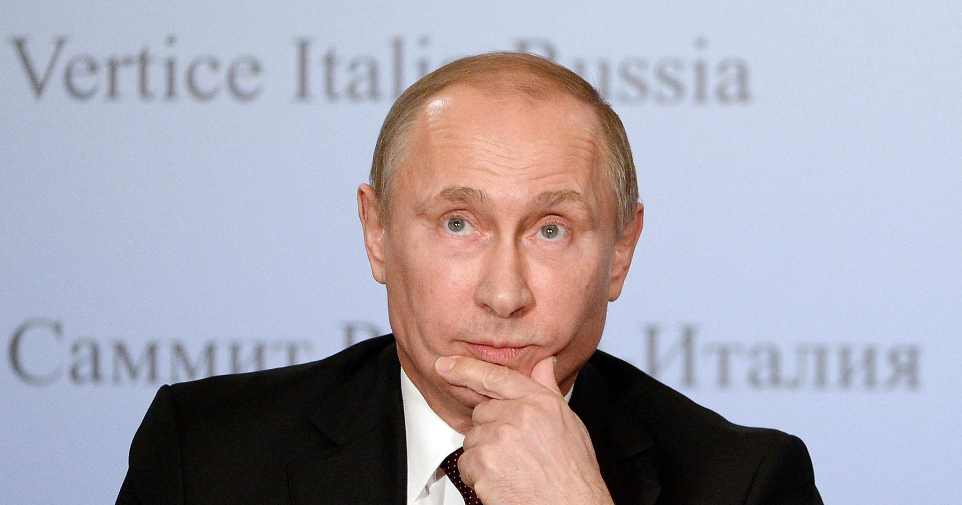 Russia's President Putin at a press conference in Italy on Tuesday. Photo: EPA 
