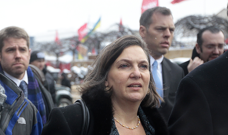 US Assistant Secretary for European and Eurasian Affairs Victoria Nuland walks through the Independence Square in Kiev, Ukraine, on Tuesday. Photo: AP