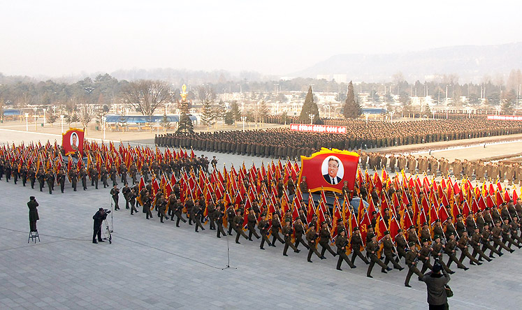 Norrth Korea soldiers take part in a military parade in Pyongyang, North Korea, on Monday, to commemorate the second anniversary of the death of late North Korean leader Kim Jong-il. Photo: EPA