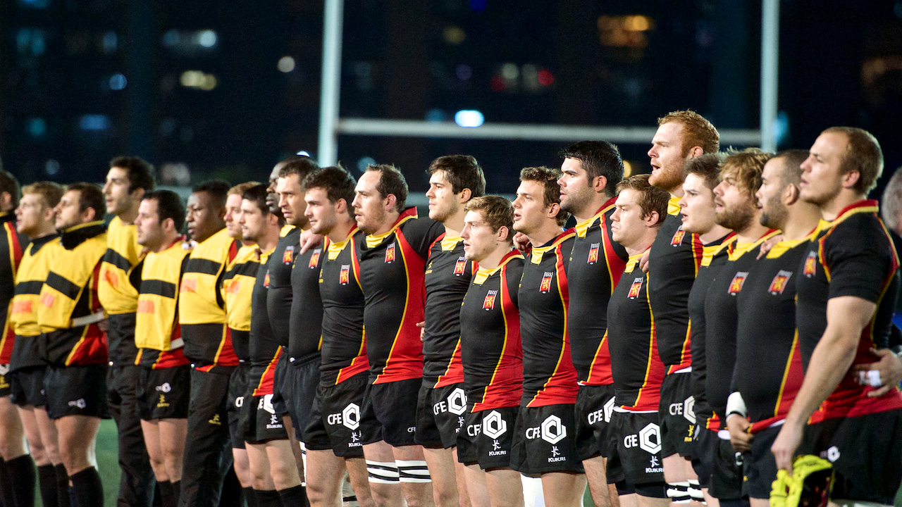 Belgium's players listen to their national anthem in the build-up to Tuesday’s test match against Hong Kong. Photo: HKRFU